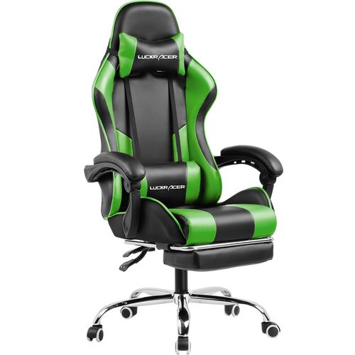Luckracer Chaise Gaming Repose Pieds Coussin Lombaire De Massage Fauteuil De Bureau Ergonomique Et Pivotant Avec Accoudoirs Synchronisés (Vert)