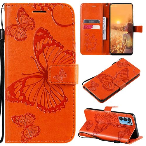 Saturcase Coque Pour Oppo Reno 6 5g, Papillon Gaufrage Pu Cuir Magnétique Flip Portefeuille Support Porte-Carte Protecteur Housse Étui Avec Dragonne Pour Oppo Reno 6 5g (Orange)