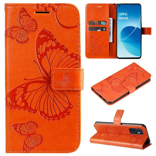 Saturcase Coque Pour Oppo Reno 6 4g, Papillon Gaufrage Pu Cuir Magnétique Flip Portefeuille Support Porte-Carte Protecteur Housse Étui Avec Dragonne Pour Oppo Reno 6 4g (Orange)