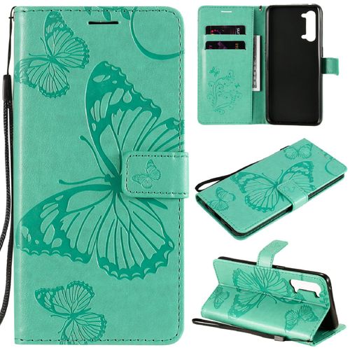 Saturcase Coque Pour Oppo Find X2 Lite, Papillon Gaufrage Pu Cuir Magnétique Flip Portefeuille Support Porte-Carte Protecteur Housse Étui Avec Dragonne Pour Oppo Find X2 Lite (Vert)