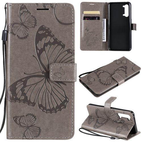 Saturcase Coque Pour Oppo Find X2 Lite, Papillon Gaufrage Pu Cuir Magnétique Flip Portefeuille Support Porte-Carte Protecteur Housse Étui Avec Dragonne Pour Oppo Find X2 Lite (Gris)