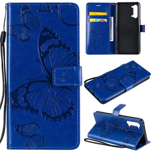 Saturcase Coque Pour Oppo Find X2 Lite, Papillon Gaufrage Pu Cuir Magnétique Flip Portefeuille Support Porte-Carte Protecteur Housse Étui Avec Dragonne Pour Oppo Find X2 Lite (Bleu)