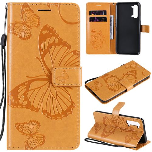 Saturcase Coque Pour Oppo Find X2 Lite, Papillon Gaufrage Pu Cuir Magnétique Flip Portefeuille Support Porte-Carte Protecteur Housse Étui Avec Dragonne Pour Oppo Find X2 Lite (Jaune)