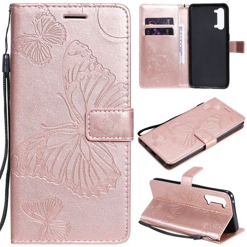Saturcase Coque Pour Oppo Find X2 Lite, Papillon Gaufrage Pu Cuir Magnétique Flip Portefeuille Support Porte-Carte Protecteur Housse Étui Avec Dragonne Pour Oppo Find X2 Lite (Or Rose)