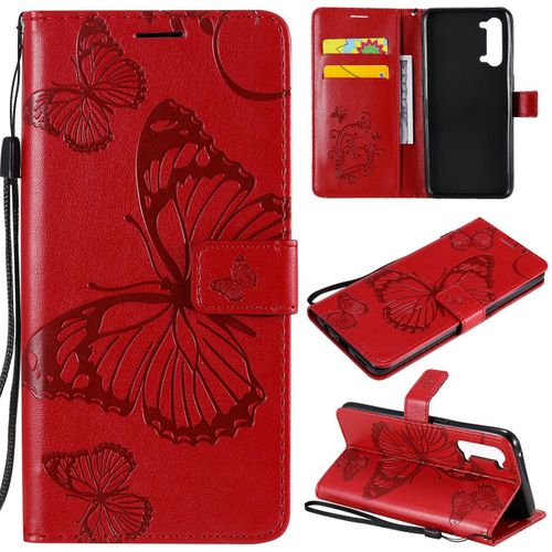 Saturcase Coque Pour Oppo Find X2 Lite, Papillon Gaufrage Pu Cuir Magnétique Flip Portefeuille Support Porte-Carte Protecteur Housse Étui Avec Dragonne Pour Oppo Find X2 Lite (Rouge)