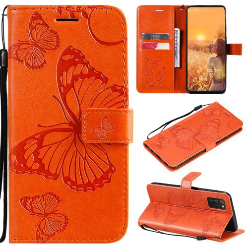 Saturcase Coque Pour Samsung Galaxy A03s, Papillon Gaufrage Pu Cuir Magnétique Flip Portefeuille Support Porte-Carte Protecteur Housse Étui Avec Dragonne Pour Samsung Galaxy A03s (Orange)