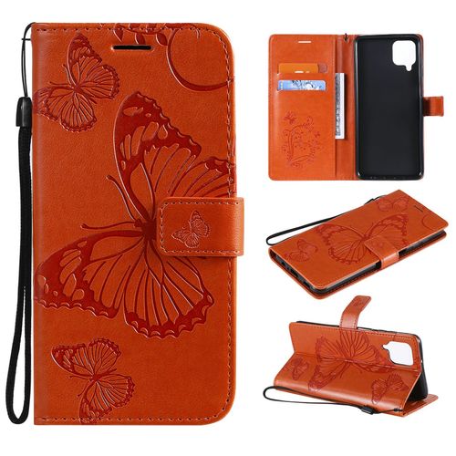 Saturcase Coque Pour Samsung Galaxy A12, Papillon Gaufrage Pu Cuir Magnétique Flip Portefeuille Support Porte-Carte Protecteur Housse Étui Avec Dragonne Pour Samsung Galaxy A12 (Orange)
