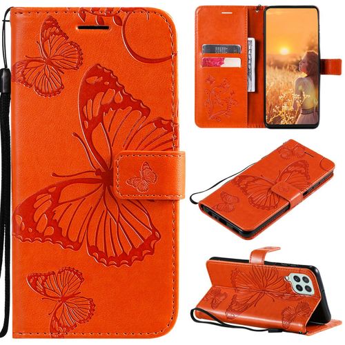 Saturcase Coque Pour Samsung Galaxy A22 4g, Papillon Gaufrage Pu Cuir Magnétique Flip Portefeuille Support Porte-Carte Protecteur Housse Étui Avec Dragonne Pour Samsung Galaxy A22 4g (Orange)