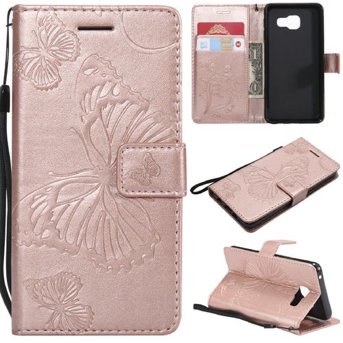 Saturcase Coque Pour Samsung Galaxy A3 2016, Papillon Gaufrage Pu Cuir Magnétique Flip Portefeuille Support Porte-Carte Protecteur Housse Étui Avec Dragonne Pour Samsung Galaxy A3 2016 (Or Rose)