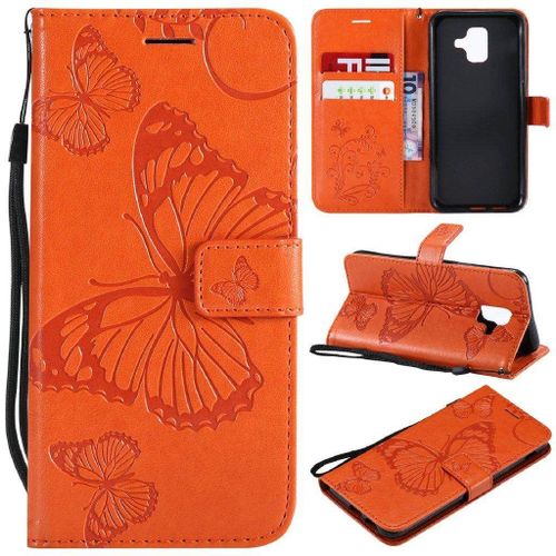 Samsung Galaxy A6 2018 Coque, Saturcase Papillon Gaufrage Pu Cuir Magnétique Flip Portefeuille Support Porte-Carte Protecteur Housse Étui Avec Dragonne Pour Samsung Galaxy A6 2018 (Orange)