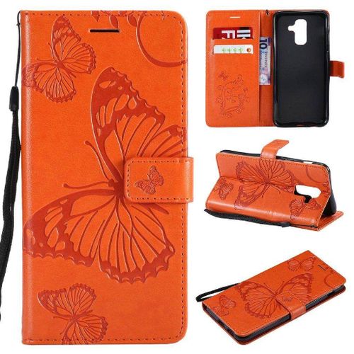 Samsung Galaxy A6 Plus (2018) Coque, Saturcase Papillon Gaufrage Pu Cuir Magnétique Flip Portefeuille Support Porte-Carte Protecteur Housse Étui Avec Dragonne Pour Samsung Galaxy A6 Plus (2018) (Orange)