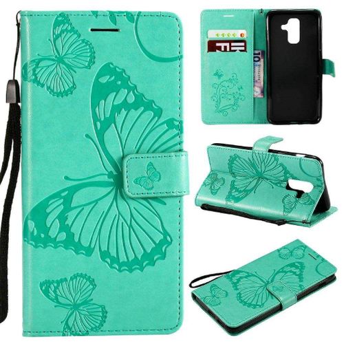 Samsung Galaxy A6 Plus (2018) Coque, Saturcase Papillon Gaufrage Pu Cuir Magnétique Flip Portefeuille Support Porte-Carte Protecteur Housse Étui Avec Dragonne Pour Samsung Galaxy A6 Plus (2018) (Vert)