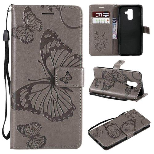 Samsung Galaxy A6 Plus (2018) Coque, Saturcase Papillon Gaufrage Pu Cuir Magnétique Flip Portefeuille Support Porte-Carte Protecteur Housse Étui Avec Dragonne Pour Samsung Galaxy A6 Plus (2018) (Gris)