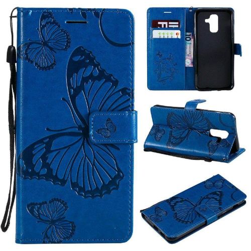 Samsung Galaxy A6 Plus (2018) Coque, Saturcase Papillon Gaufrage Pu Cuir Magnétique Flip Portefeuille Support Porte-Carte Protecteur Housse Étui Avec Dragonne Pour Samsung Galaxy A6 Plus (2018) (Bleu)