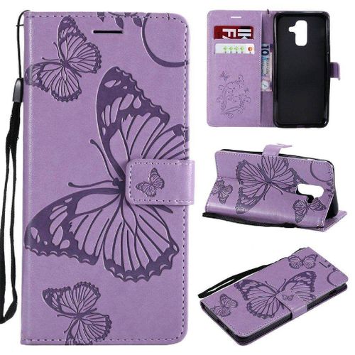 Samsung Galaxy A6 Plus (2018) Coque, Saturcase Papillon Gaufrage Pu Cuir Magnétique Flip Portefeuille Support Porte-Carte Protecteur Housse Étui Avec Dragonne Pour Samsung Galaxy A6 Plus (2018) (Violet)