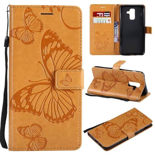Samsung Galaxy A6 Plus (2018) Coque, Saturcase Papillon Gaufrage Pu Cuir Magnétique Flip Portefeuille Support Porte-Carte Protecteur Housse Étui Avec Dragonne Pour Samsung Galaxy A6 Plus (2018) (Jaune)