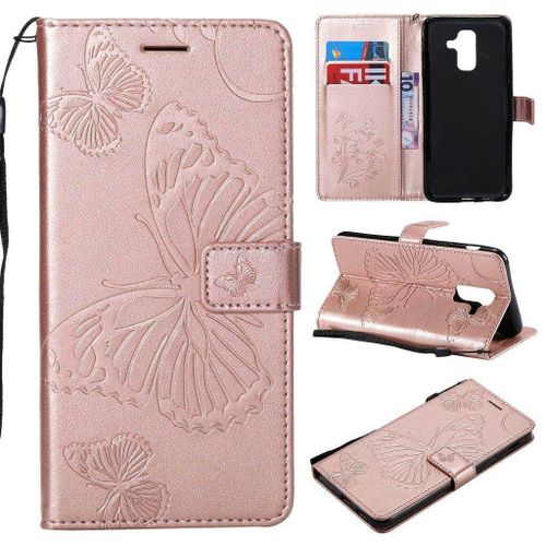 Samsung Galaxy A6 Plus (2018) Coque, Saturcase Papillon Gaufrage Pu Cuir Magnétique Flip Portefeuille Support Porte-Carte Protecteur Housse Étui Avec Dragonne Pour Samsung Galaxy A6 Plus (2018) (Or Rose)