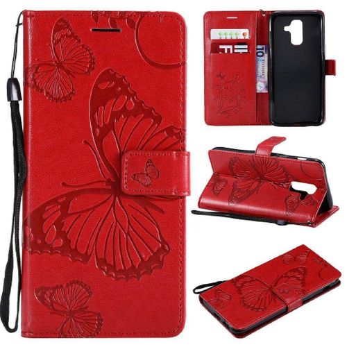 Samsung Galaxy A6 Plus (2018) Coque, Saturcase Papillon Gaufrage Pu Cuir Magnétique Flip Portefeuille Support Porte-Carte Protecteur Housse Étui Avec Dragonne Pour Samsung Galaxy A6 Plus (2018) (Rouge)