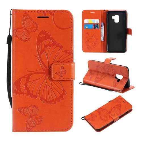 Saturcase Coque Pour Samsung Galaxy A8 2018, Papillon Gaufrage Pu Cuir Magnétique Flip Portefeuille Support Porte-Carte Protecteur Housse Étui Avec Dragonne Pour Samsung Galaxy A8 2018 (Orange)