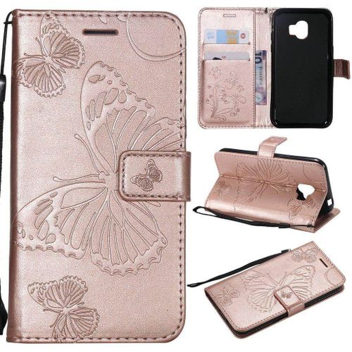 Samsung Galaxy J2 Pro (2018) Coque, Saturcase Papillon Gaufrage Pu Cuir Magnétique Flip Portefeuille Support Porte-Carte Protecteur Housse Étui Avec Dragonne Pour Samsung Galaxy J2 Pro (2018) (Or Rose)