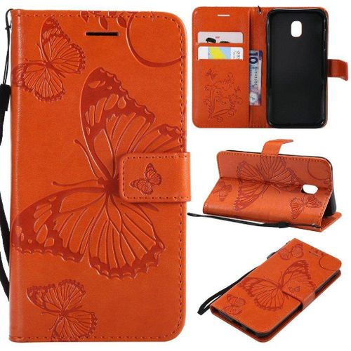 Saturcase Coque Pour Samsung Galaxy J3 2017, Papillon Gaufrage Pu Cuir Magnétique Flip Portefeuille Support Porte-Carte Protecteur Housse Étui Avec Dragonne Pour Samsung Galaxy J3 2017 (Orange)
