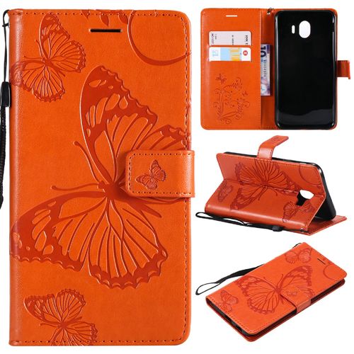 Samsung Galaxy J4 2018 Coque, Saturcase Papillon Gaufrage Pu Cuir Magnétique Flip Portefeuille Support Porte-Carte Protecteur Housse Étui Avec Dragonne Pour Samsung Galaxy J4 2018 (Orange)