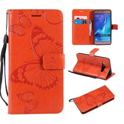 Saturcase Coque Pour Samsung Galaxy J5 2016, Papillon Gaufrage Pu Cuir Magnétique Flip Portefeuille Support Porte-Carte Protecteur Housse Étui Avec Dragonne Pour Samsung Galaxy J5 2016 (Orange)