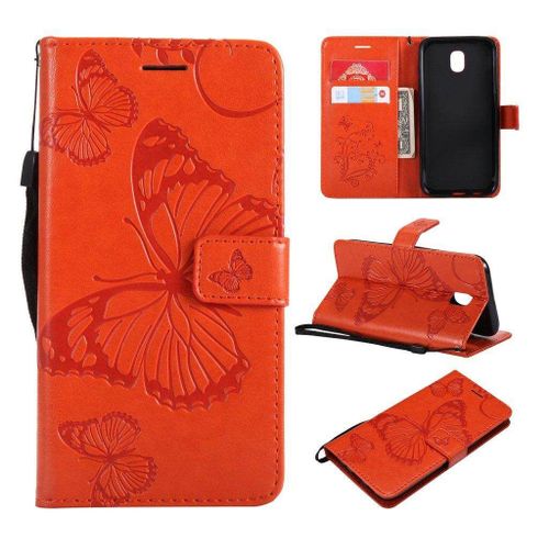 Saturcase Coque Pour Samsung Galaxy J5 2017, Papillon Gaufrage Pu Cuir Magnétique Flip Portefeuille Support Porte-Carte Protecteur Housse Étui Avec Dragonne Pour Samsung Galaxy J5 2017 (Orange)