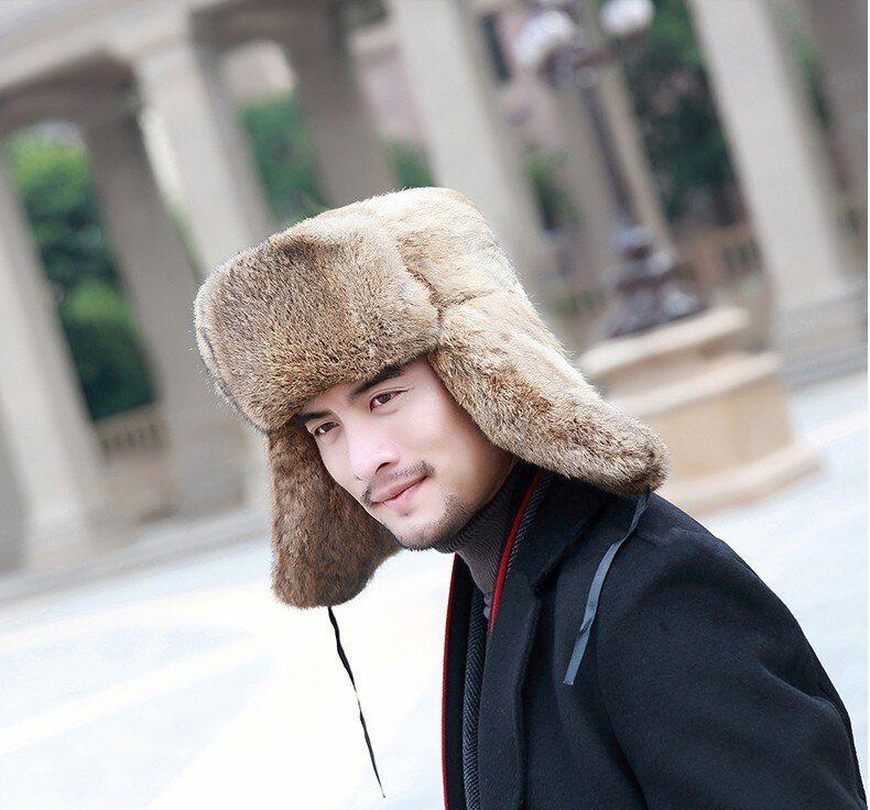 Casquette,Chapeau d'hiver en fourrure de lapin pour homme,haute  qualité,100% véritable,Lei Feng,avec - Type grass gray - L(60)