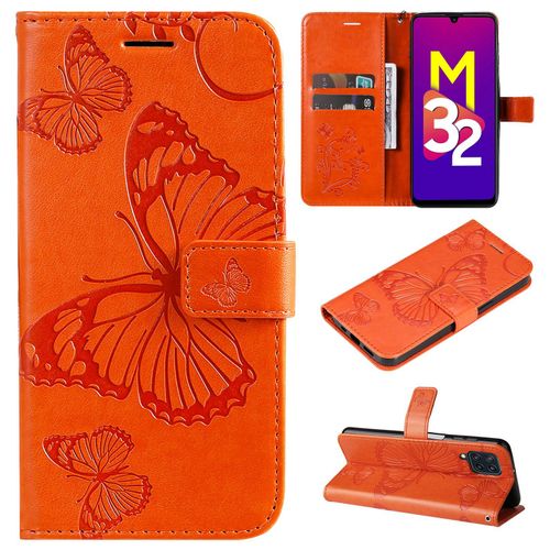 Saturcase Coque Pour Samsung Galaxy M32, Papillon Gaufrage Pu Cuir Magnétique Flip Portefeuille Support Porte-Carte Protecteur Housse Étui Avec Dragonne Pour Samsung Galaxy M32 (Orange)