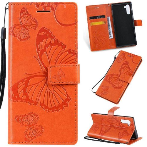 Saturcase Coque Pour Samsung Galaxy Note 10, Papillon Gaufrage Pu Cuir Magnétique Flip Portefeuille Support Porte-Carte Protecteur Housse Étui Avec Dragonne Pour Samsung Galaxy Note 10 (Orange)