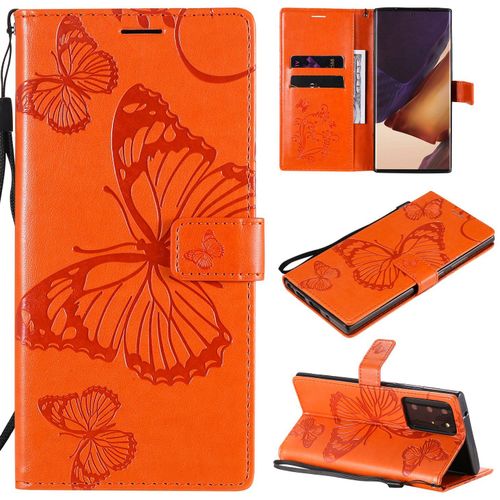 Saturcase Coque Pour Samsung Galaxy Note 20 Ultra, Papillon Gaufrage Pu Cuir Magnétique Flip Portefeuille Support Porte-Carte Protecteur Housse Étui Avec Dragonne Pour Samsung Galaxy Note 20 Ultra (Orange)