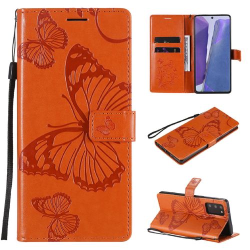 Saturcase Coque Pour Samsung Galaxy Note 20, Papillon Gaufrage Pu Cuir Magnétique Flip Portefeuille Support Porte-Carte Protecteur Housse Étui Avec Dragonne Pour Samsung Galaxy Note 20 (Orange)