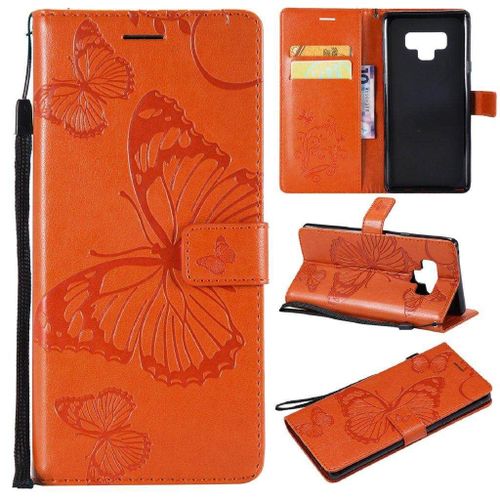 Saturcase Coque Pour Samsung Galaxy Note 9, Papillon Gaufrage Pu Cuir Magnétique Flip Portefeuille Support Porte-Carte Protecteur Housse Étui Avec Dragonne Pour Samsung Galaxy Note 9 (Orange)