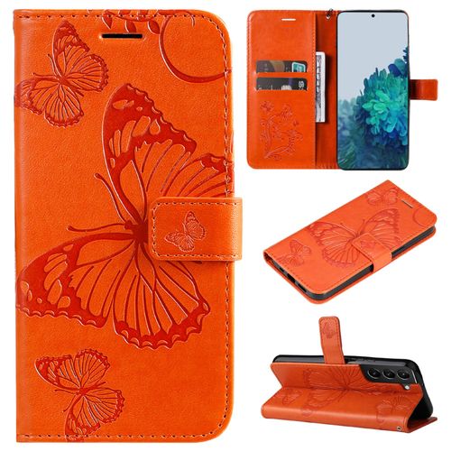 Saturcase Coque Pour Samsung Galaxy S22 Plus, Papillon Gaufrage Pu Cuir Magnétique Flip Portefeuille Support Porte-Carte Protecteur Housse Étui Avec Dragonne Pour Samsung Galaxy S22 Plus (Orange)