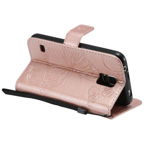 Saturcase Coque Pour Samsung Galaxy S5, Papillon Gaufrage Pu Cuir Magnétique Flip Portefeuille Support Porte-Carte Protecteur Housse Étui Avec Dragonne Pour Samsung Galaxy S5 (Or Rose)