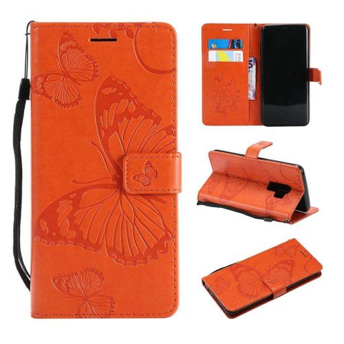 Saturcase Coque Pour Samsung Galaxy S9 Plus, Papillon Gaufrage Pu Cuir Magnétique Flip Portefeuille Support Porte-Carte Protecteur Housse Étui Avec Dragonne Pour Samsung Galaxy S9 Plus (Orange)
