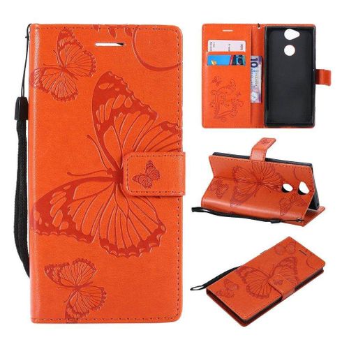 Saturcase Coque Pour Sony Xperia Xa2, Papillon Gaufrage Pu Cuir Magnétique Flip Portefeuille Support Porte-Carte Protecteur Housse Étui Avec Dragonne Pour Sony Xperia Xa2 (Orange)