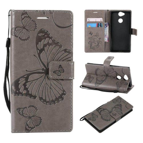 Saturcase Coque Pour Sony Xperia Xa2, Papillon Gaufrage Pu Cuir Magnétique Flip Portefeuille Support Porte-Carte Protecteur Housse Étui Avec Dragonne Pour Sony Xperia Xa2 (Gris)