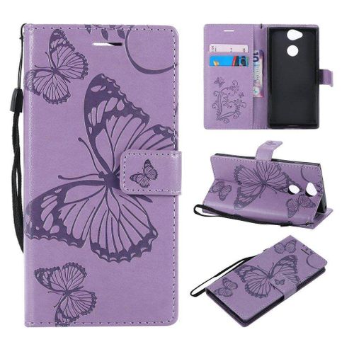 Saturcase Coque Pour Sony Xperia Xa2, Papillon Gaufrage Pu Cuir Magnétique Flip Portefeuille Support Porte-Carte Protecteur Housse Étui Avec Dragonne Pour Sony Xperia Xa2 (Violet)