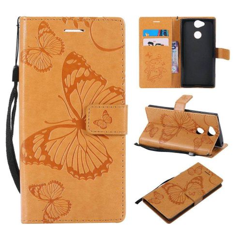 Saturcase Coque Pour Sony Xperia Xa2, Papillon Gaufrage Pu Cuir Magnétique Flip Portefeuille Support Porte-Carte Protecteur Housse Étui Avec Dragonne Pour Sony Xperia Xa2 (Jaune)
