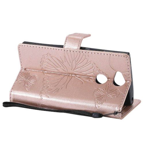 Saturcase Coque Pour Sony Xperia Xa2, Papillon Gaufrage Pu Cuir Magnétique Flip Portefeuille Support Porte-Carte Protecteur Housse Étui Avec Dragonne Pour Sony Xperia Xa2 (Or Rose)