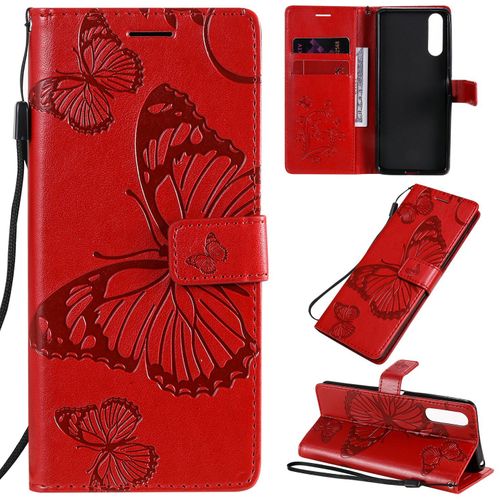 Saturcase Coque Pour Sony Xperia 10 Ii 2020, Papillon Gaufrage Pu Cuir Magnétique Flip Portefeuille Support Porte-Carte Protecteur Housse Étui Avec Dragonne Pour Sony Xperia 10 Ii 2020 (Rouge)