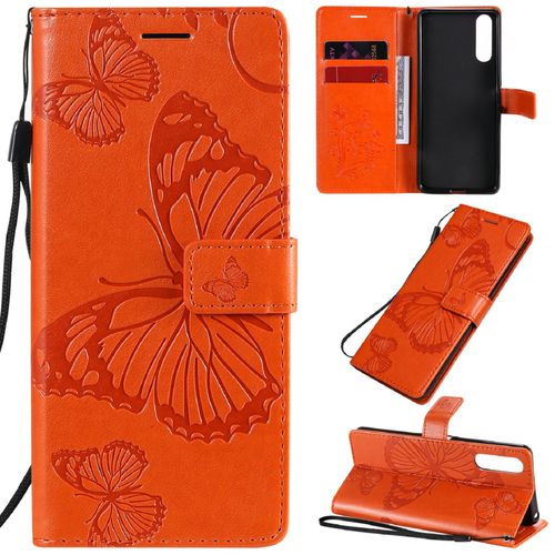Saturcase Coque Pour Sony Xperia 10 Ii 2020, Papillon Gaufrage Pu Cuir Magnétique Flip Portefeuille Support Porte-Carte Protecteur Housse Étui Avec Dragonne Pour Sony Xperia 10 Ii 2020 (Orange)