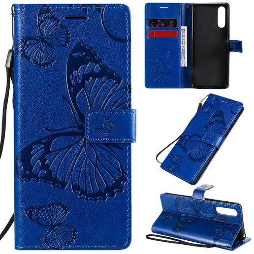 Saturcase Coque Pour Sony Xperia 10 Ii 2020, Papillon Gaufrage Pu Cuir Magnétique Flip Portefeuille Support Porte-Carte Protecteur Housse Étui Avec Dragonne Pour Sony Xperia 10 Ii 2020 (Bleu)