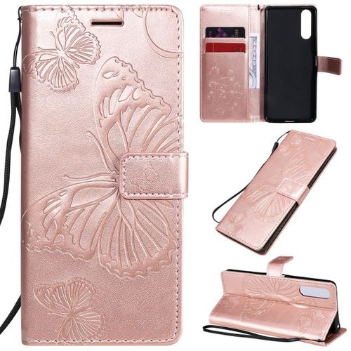 Saturcase Coque Pour Sony Xperia 10 Ii 2020, Papillon Gaufrage Pu Cuir Magnétique Flip Portefeuille Support Porte-Carte Protecteur Housse Étui Avec Dragonne Pour Sony Xperia 10 Ii 2020 (Or Rose)