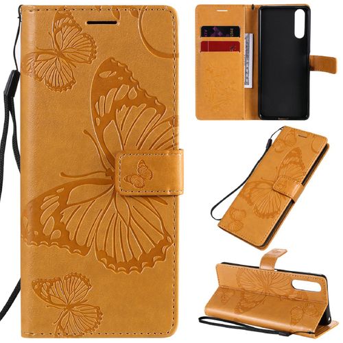 Saturcase Coque Pour Sony Xperia 10 Ii 2020, Papillon Gaufrage Pu Cuir Magnétique Flip Portefeuille Support Porte-Carte Protecteur Housse Étui Avec Dragonne Pour Sony Xperia 10 Ii 2020 (Jaune)