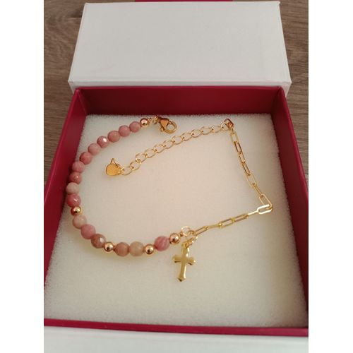 Bracelet Plaquage Or Un Micron Pierres Rhodonite Et Breloque Croix