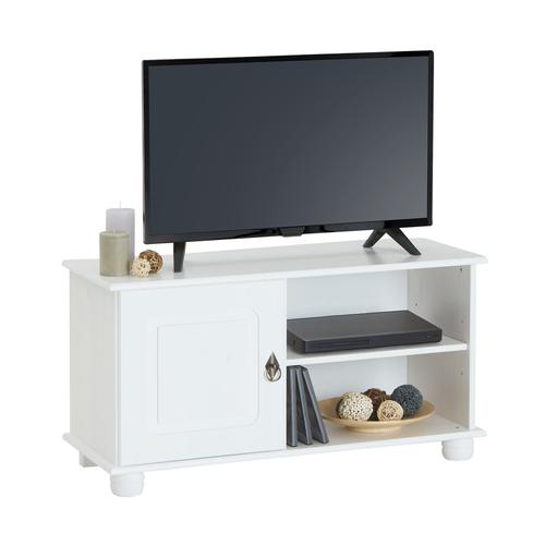 Meuble Tv Belfort Banc Télé De 94 Cm En Bois Avec 1 Porte Et 2 Niches, En Pin Massif Lasuré Blanc