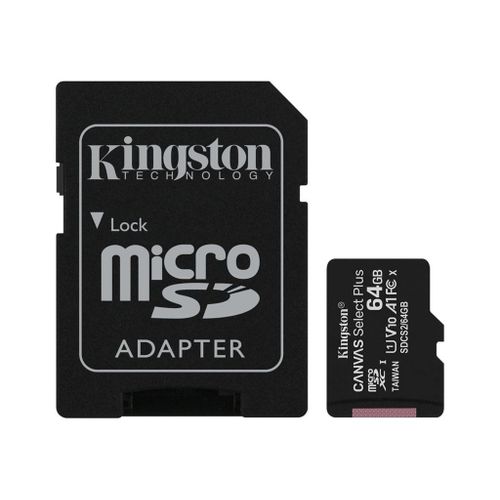 Kingston Canvas Select Plus - Carte mémoire flash (adaptateur microSDXC vers SD inclus(e)) - 64 Go - A1 / Video Class V10 / UHS Class 1 / Class10 - microSDXC UHS-I